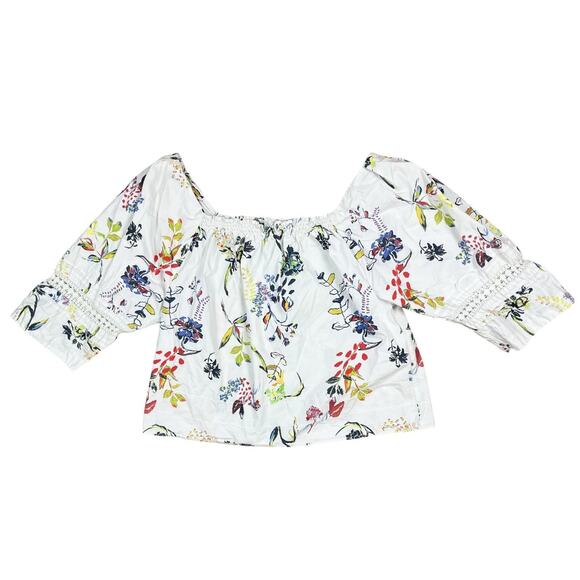 Tanya Taylor Stassi Floral Crochet Detail Cotton Top Peasant Blouse Size 12 - Picture 4 of 6